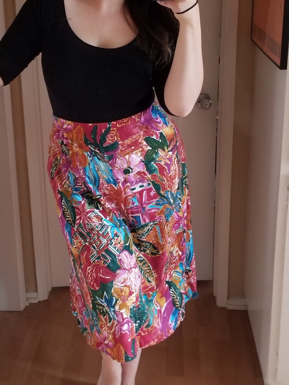 Vintage tropical floral midi skirt with pockets
